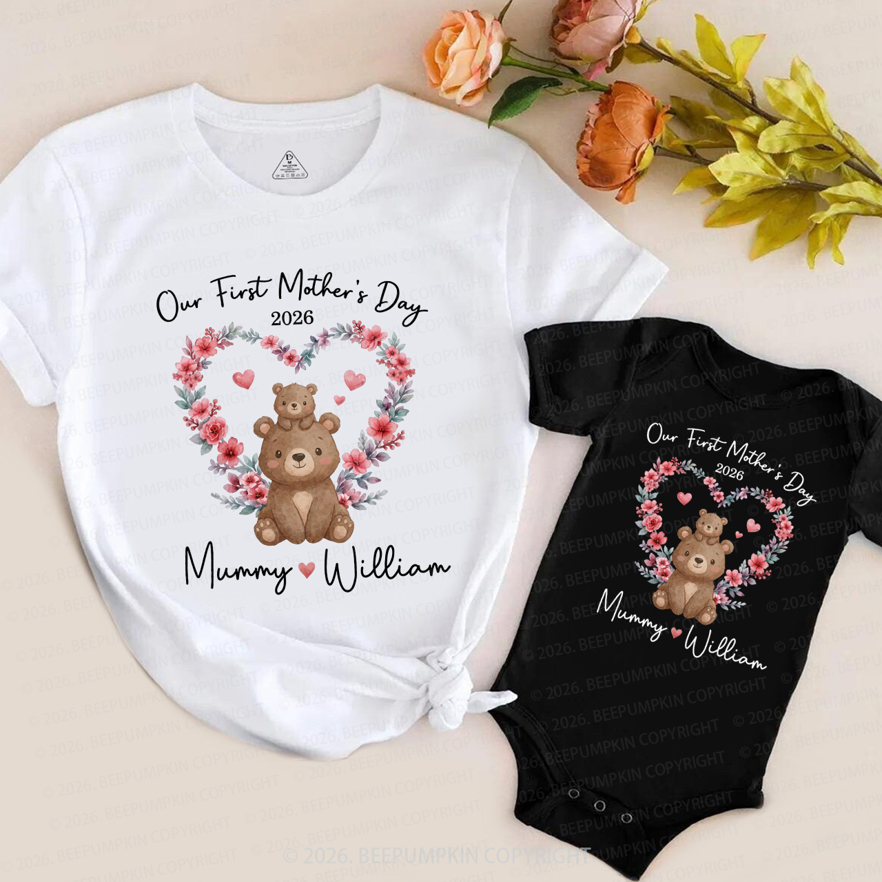 Personalized Cute Bear Heart Wreath Mom&Me Matching T-Shirts