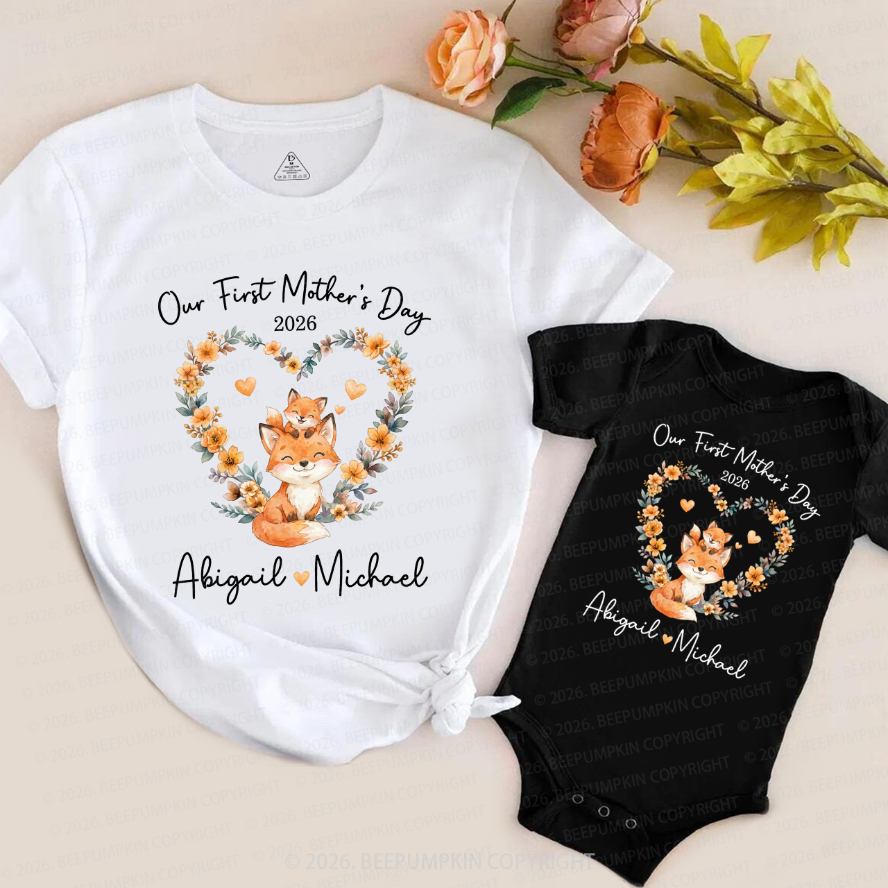 Personalized Cute Fox Heart Wreath Mom&Me Matching T-Shirts