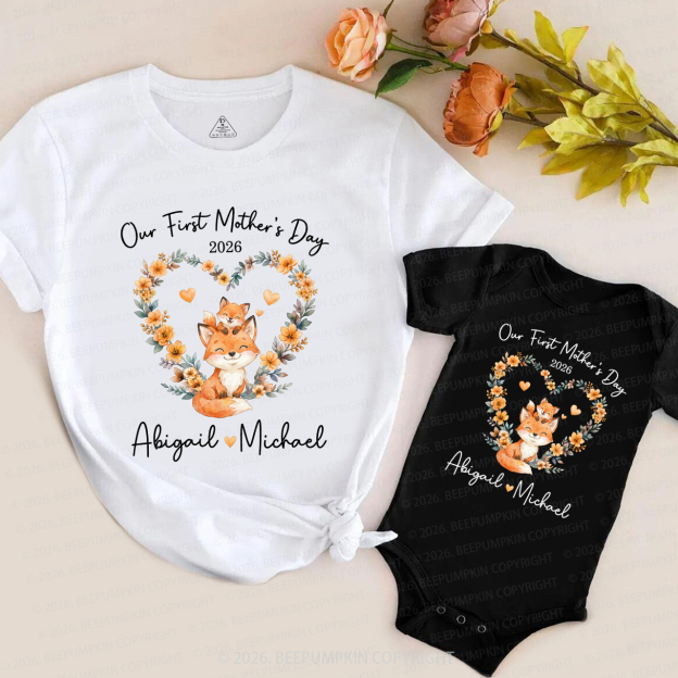 Personalized Cute Fox Heart Wreath Mom&Me Matching T-Shirts