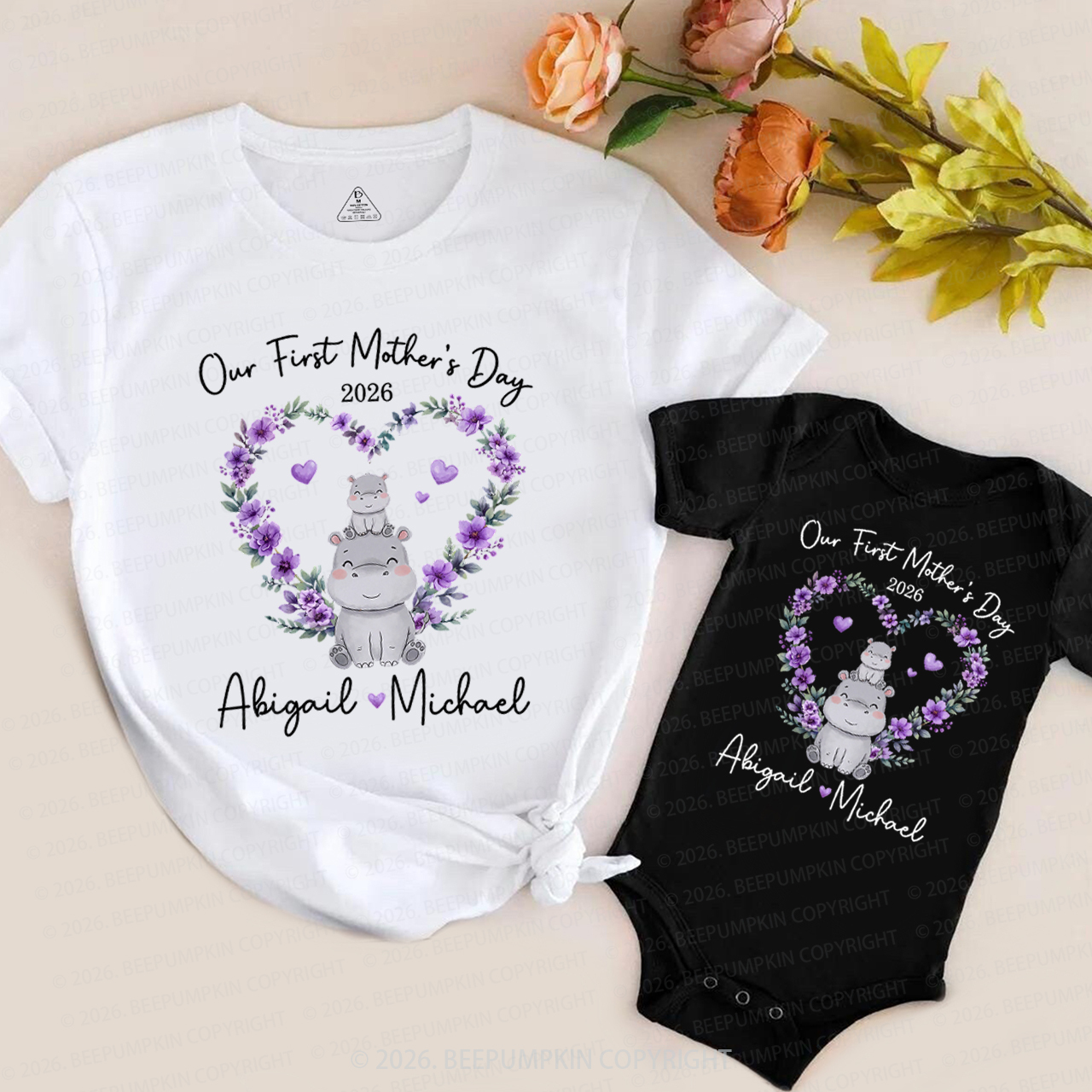 Personalized Cute Hippo Heart Wreath Mom&Me Matching T-Shirts