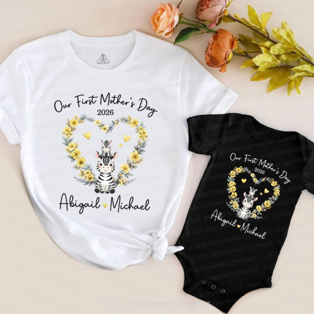 Personalized Cute Zebra Heart Wreath Mom&Me Matching T-Shirts