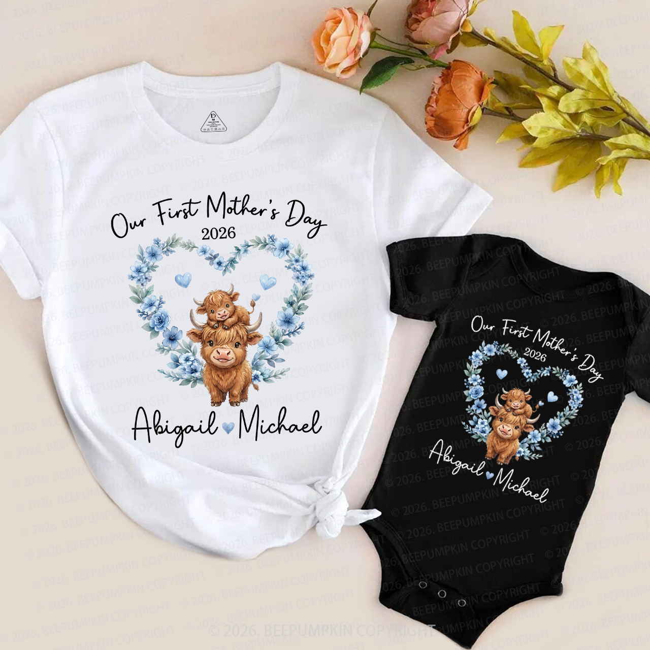 Personalized Highland Cow Heart Wreath Mom&Me Matching T-Shirts