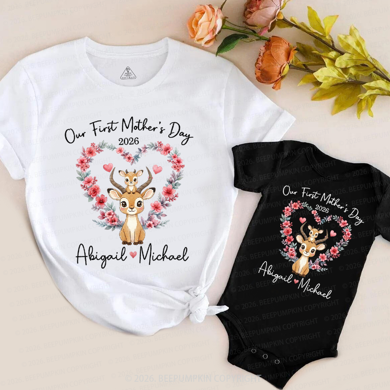 Personalized Cute Sika Deer Heart Wreath Mom&Me Matching T-Shirts