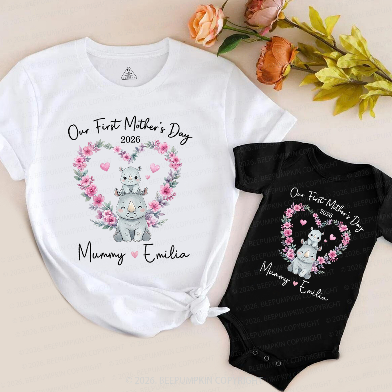 Personalized Cute Rhino Heart Wreath Mom&Me Matching T-Shirts