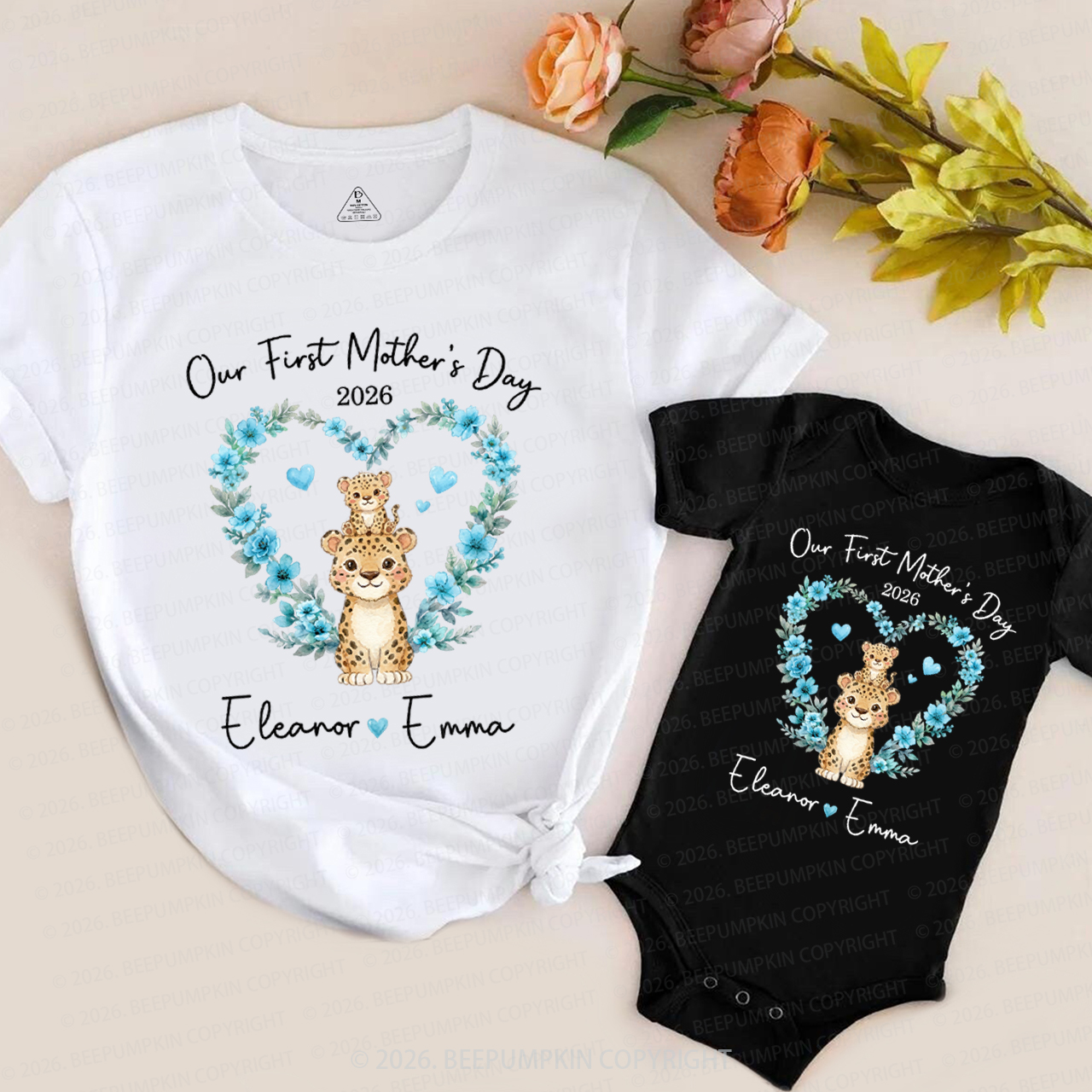 Personalized Cute Cheetah Heart Wreath Mom&Me Matching T-Shirts