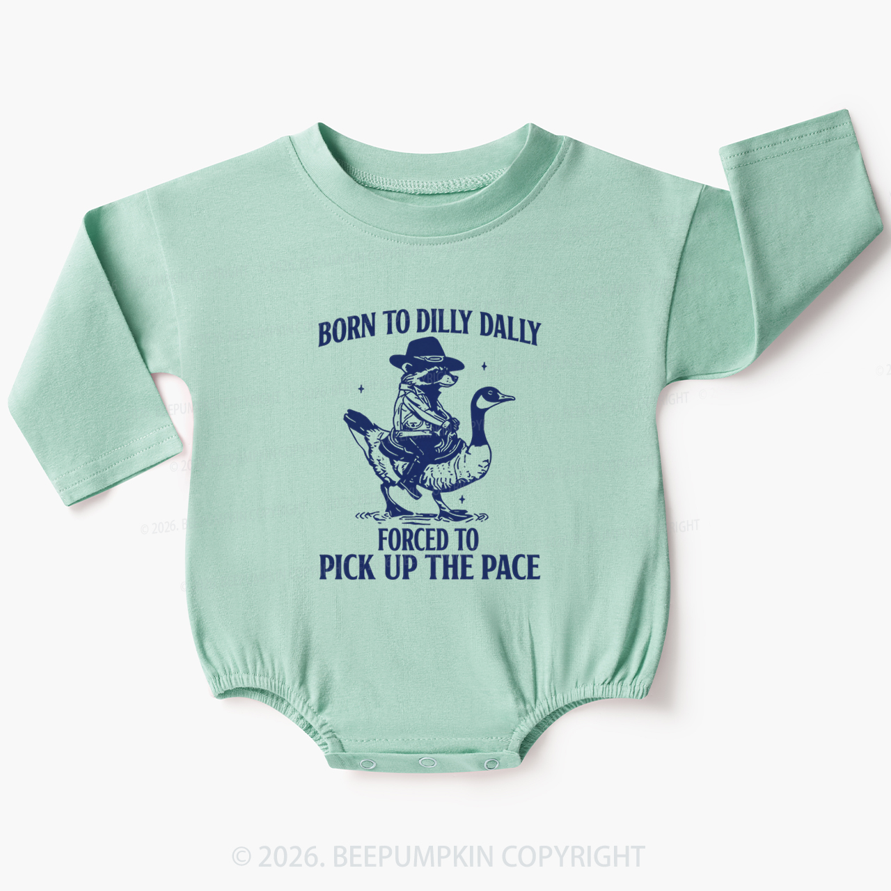 Born To Dilly Dally Retro Racoon Goose Baby Bubble Romper