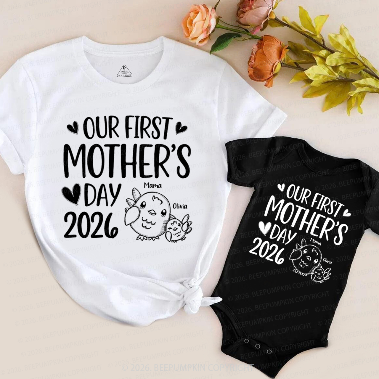 Personalized Cute Chicks Our First Mothers Day 2026 Mom&Me Matching T-Shirts