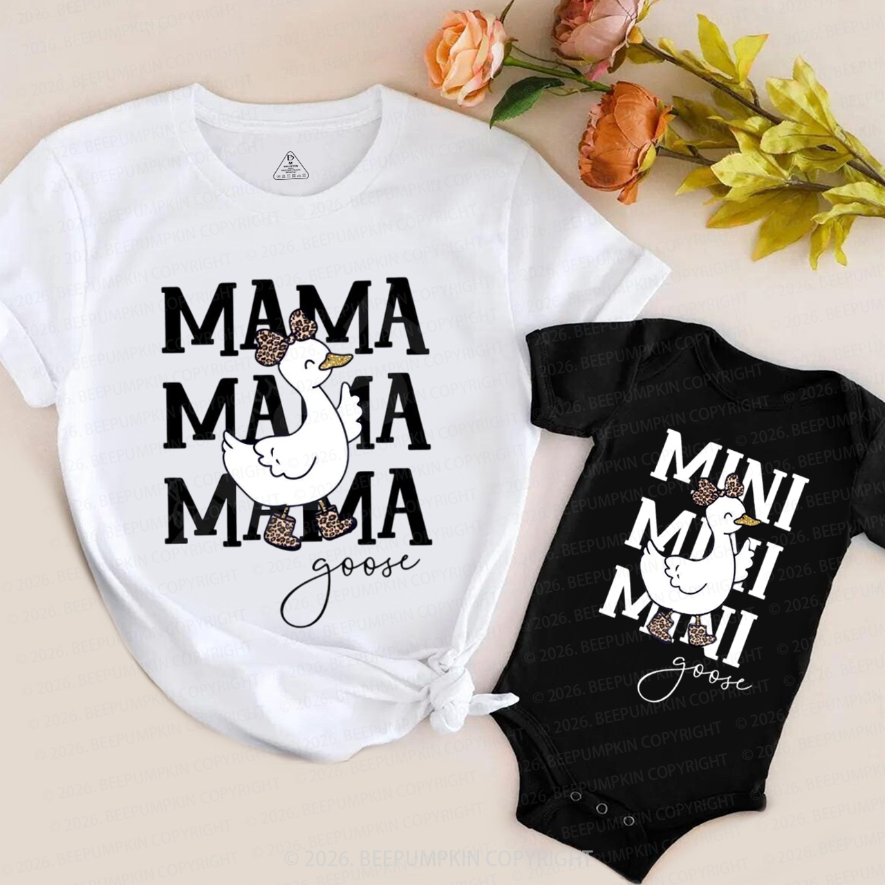 Mama Mini Goose Leopard Bow Mom&Me Matching T-Shirts