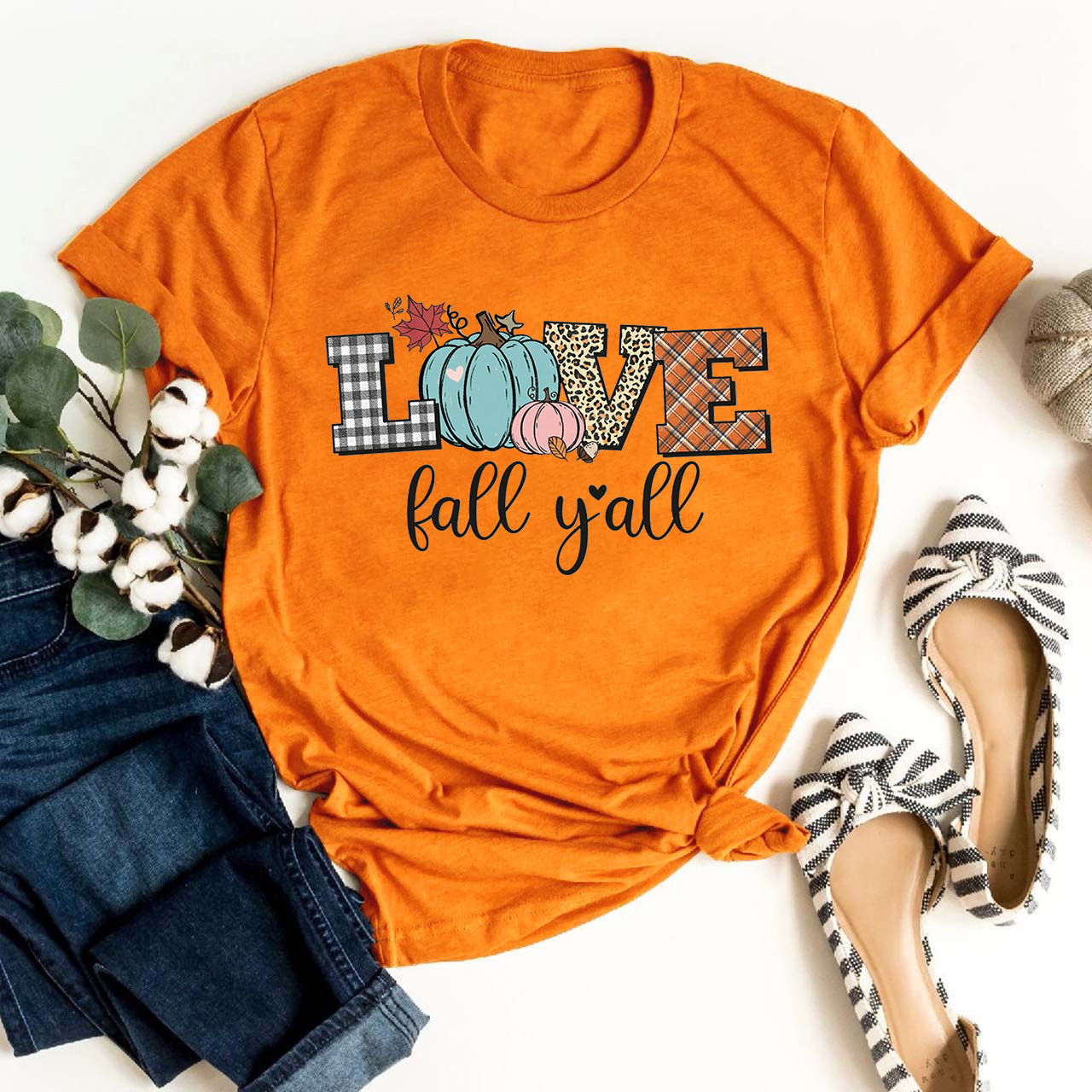 Love Fall Yall Leopard Print Fall Plaid Pumpkin Shirt 