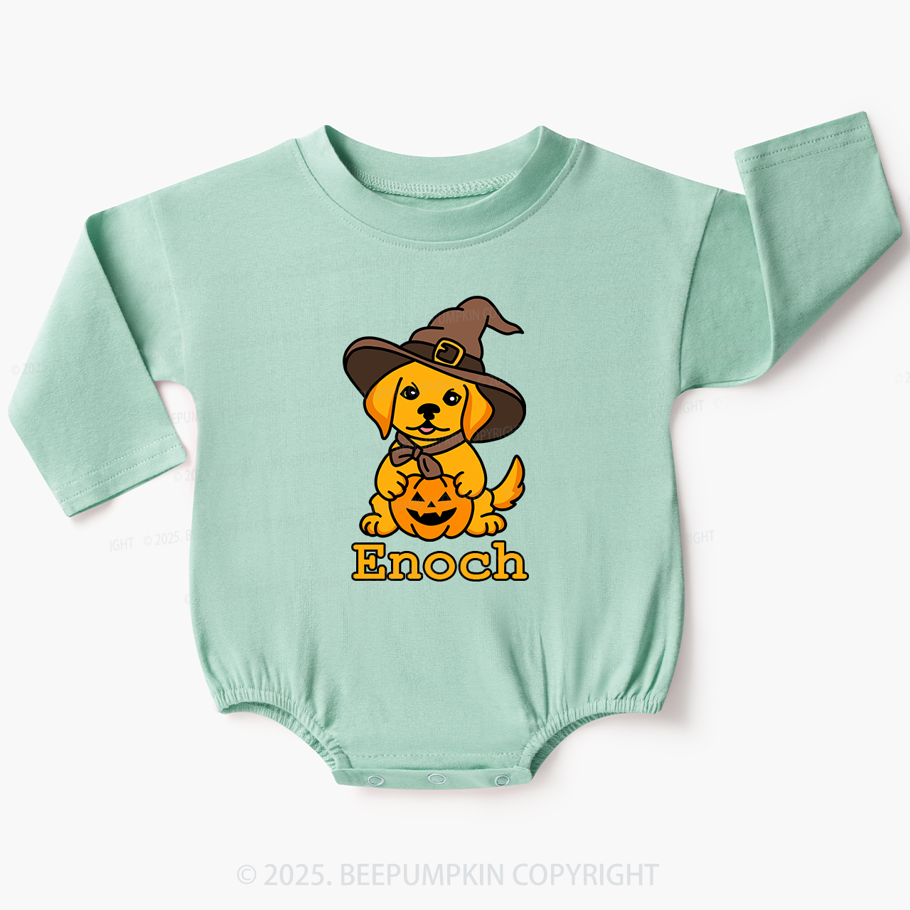 Personalized Dog Wtih Witch Hat Baby Bubble Romper Beepumpkin