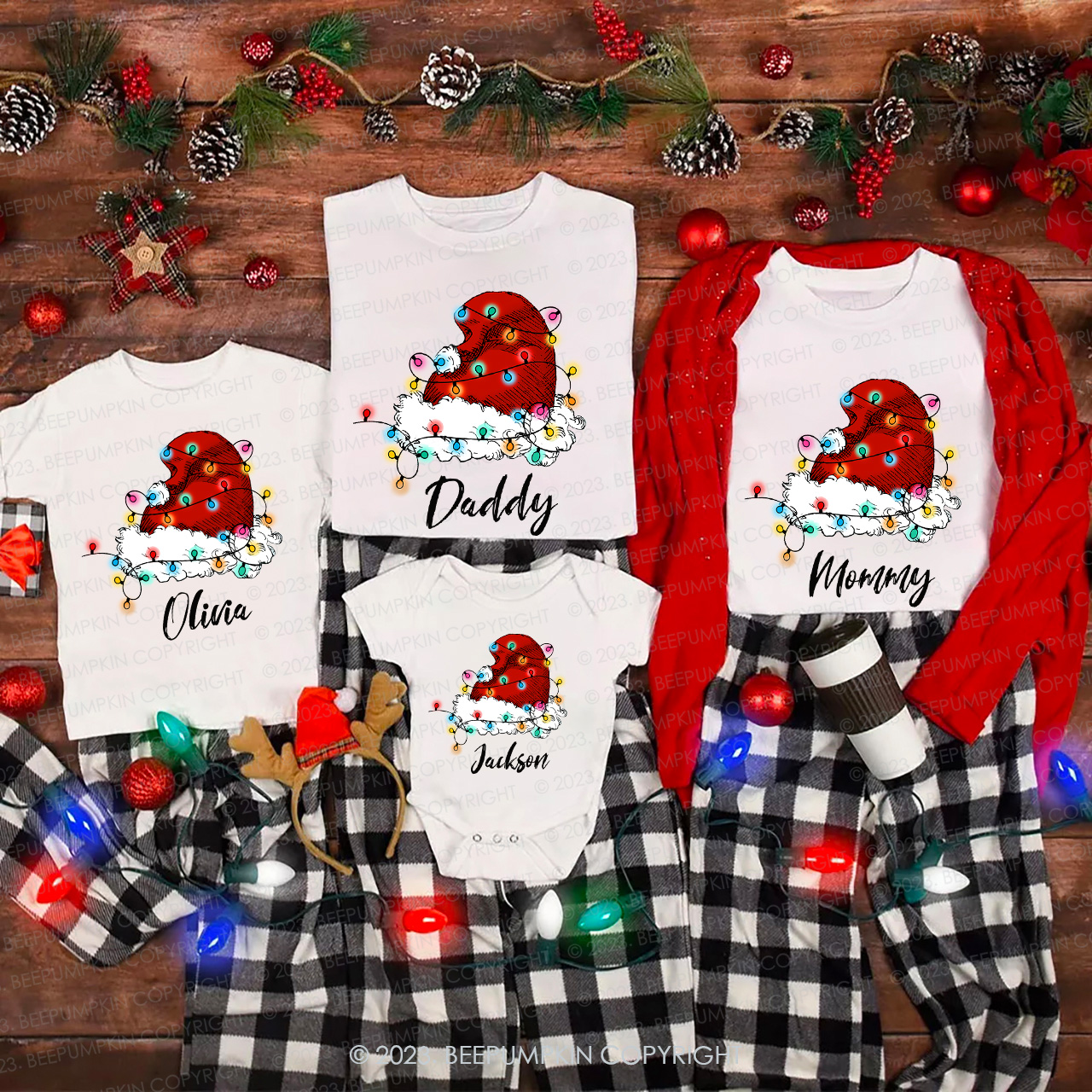 Personalized Merry Christmas Lantern Hat Matching Tees For Family Beepumpkin