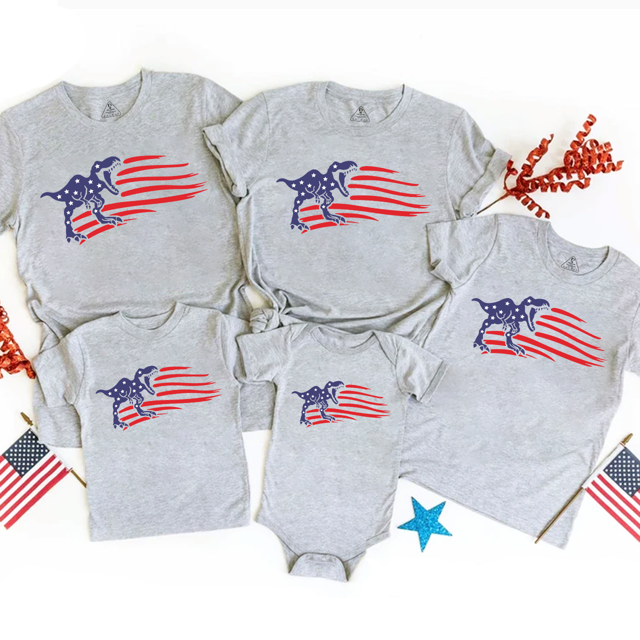 Patriotic Dinosaur American Flag Independence Day Family Matching Shirts
