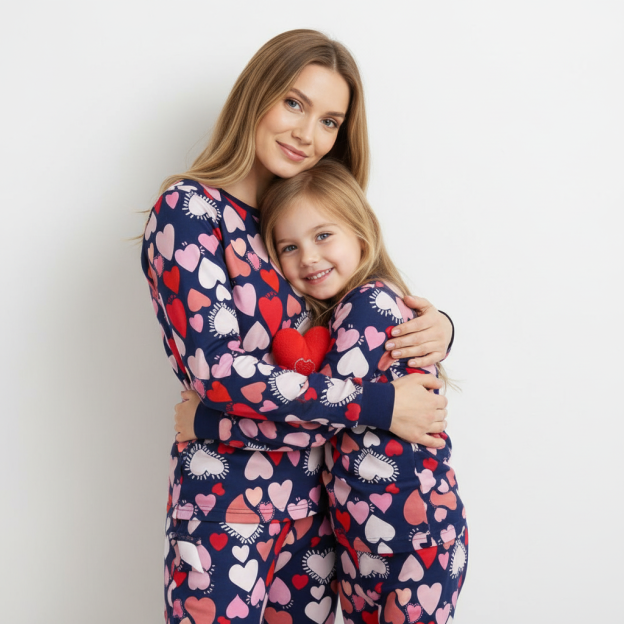 Pink Heart Navy Mom&Me All-Over Print Matching Pajama Sets