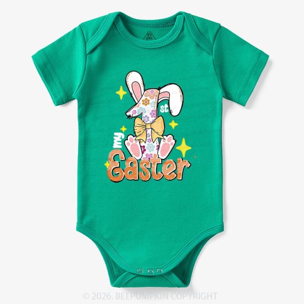 Yellow Bow Floral Bunny 1st Easter Baby Bodysuit