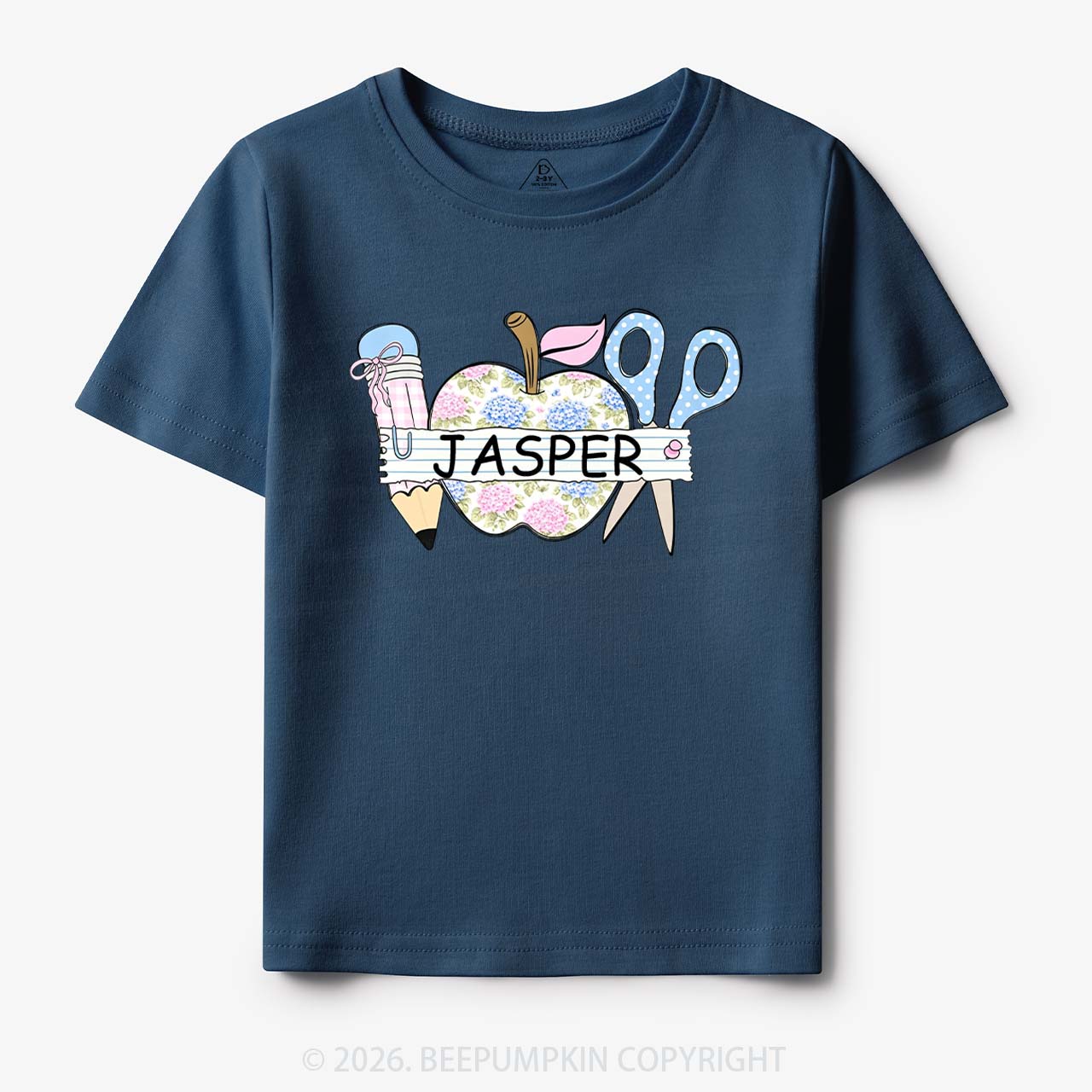 Personalized Name Preppy Floral Pencil Apple Scissors Toddler&Kid's Tees