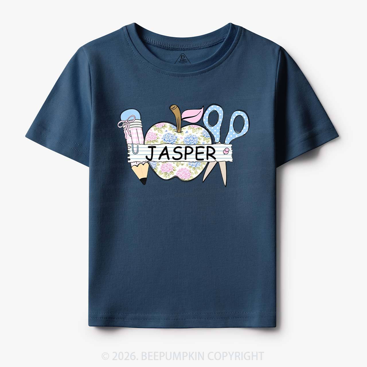 Personalized Name Preppy Floral Pencil Apple Scissors Toddler&Kid's Tees