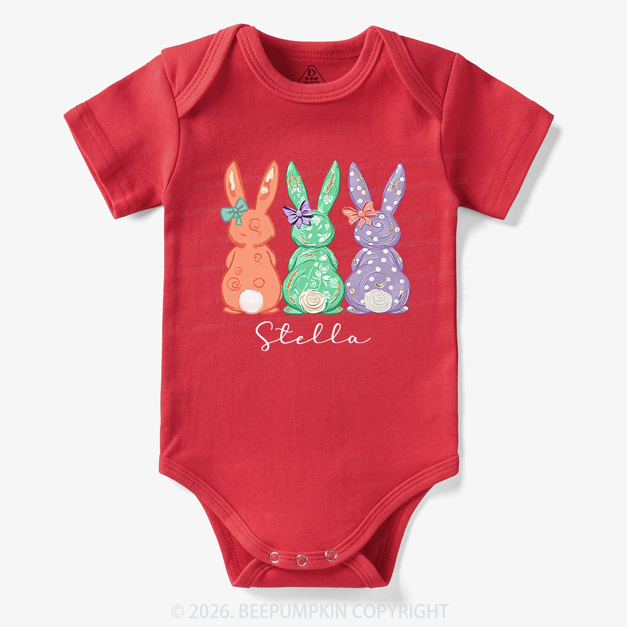 Personalized Three Colorful Bunnies Easter Baby Bodysuit