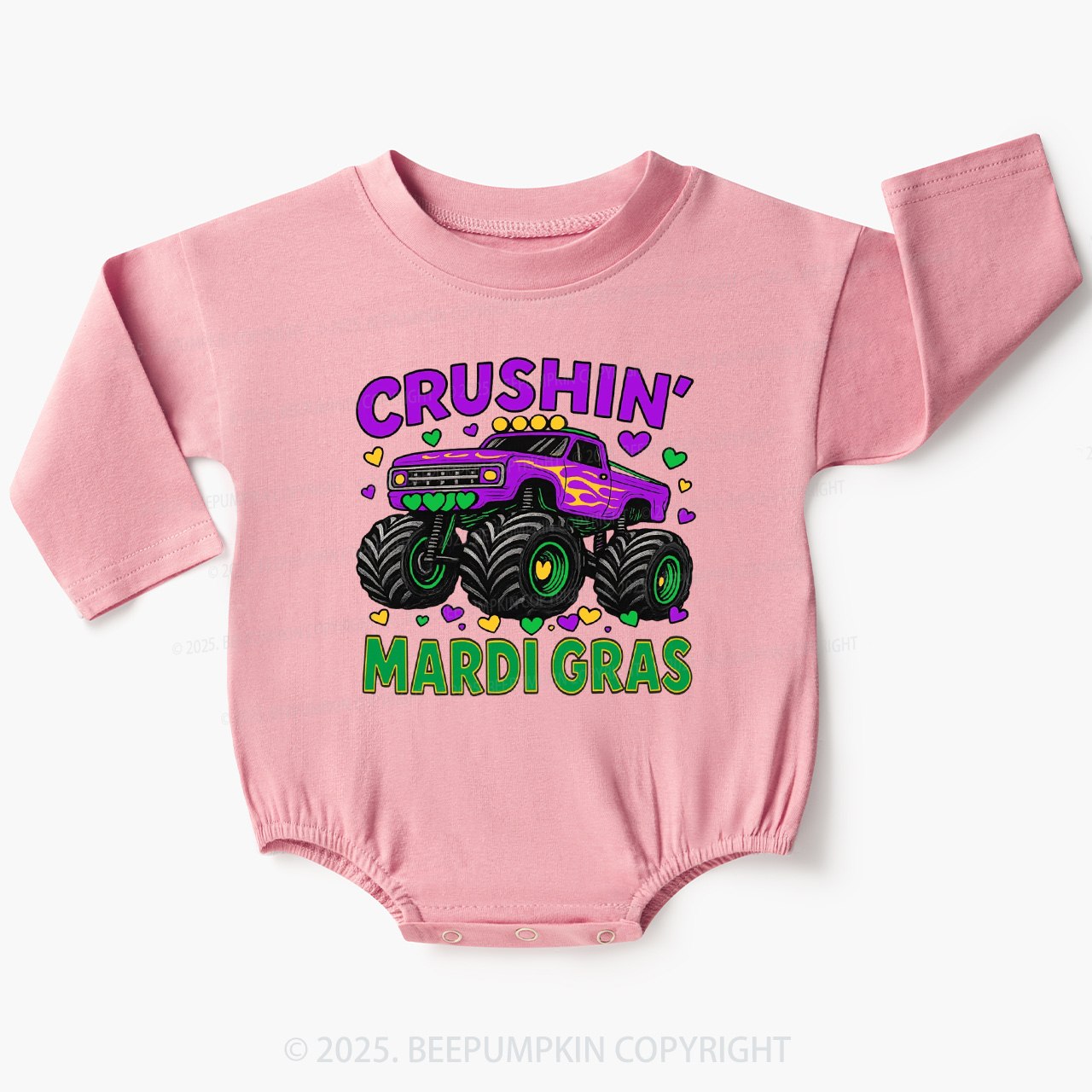 Crushin' Mardi Gras Monster Truck Baby Bubble Romper Beepumpkin