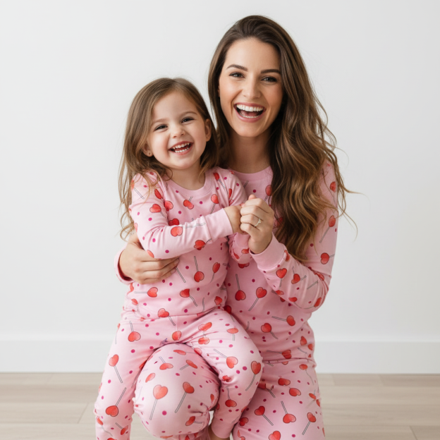 Sweet Heart Lollipop All-Over Print Mom&Me Cuffed Pajama Sets