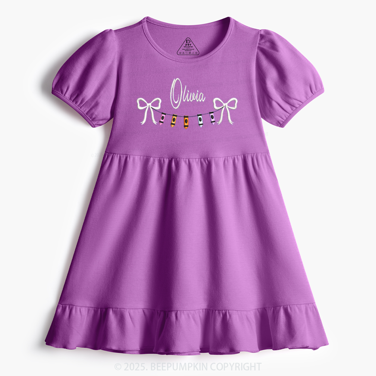 Embroidery Personalized Name Crayon Bow Toddler&Kid's Ruffle Dress Beepumpkin 