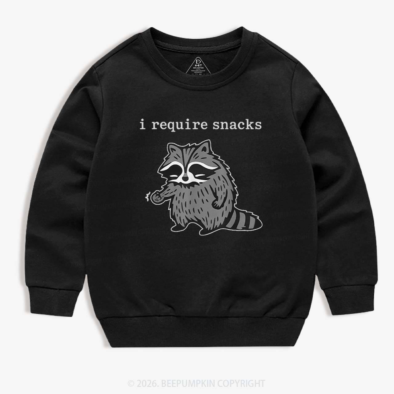 I Require Snacks Raccoon Kid's Sweatshirt