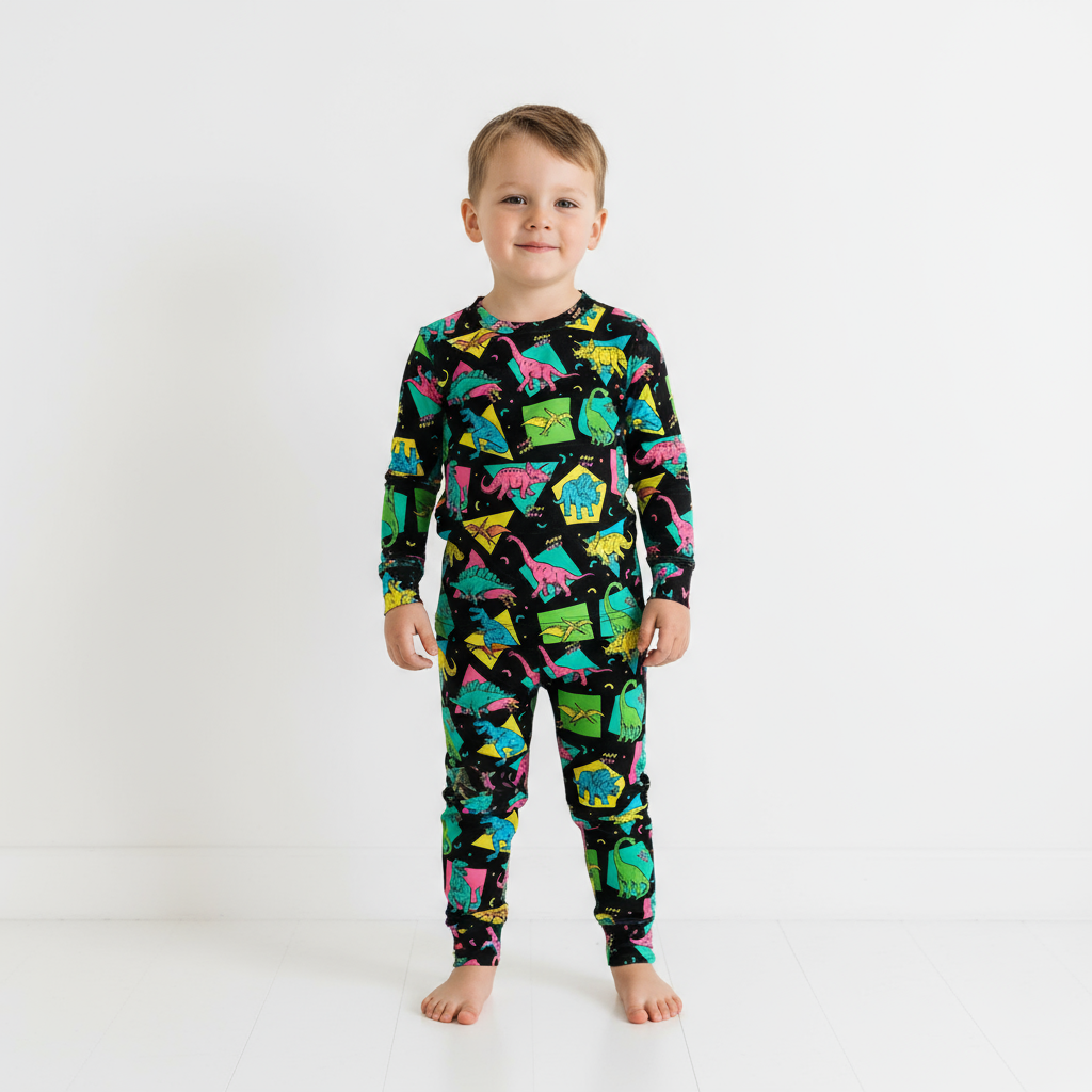 Retro Cartoon Dinosaurs Two-Piece Pajama Set For Kids