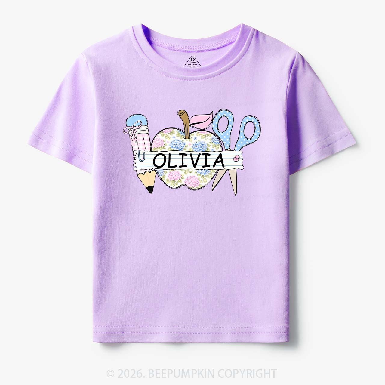 Personalized Name Preppy Floral Pencil Apple Scissors Toddler&Kid's Tees