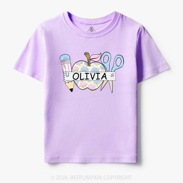 Personalized Name Preppy Floral Pencil Apple Scissors Toddler&Kid's Tees
