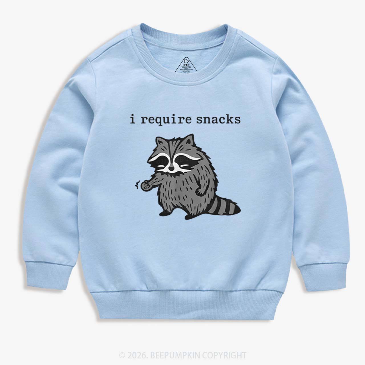 I Require Snacks Raccoon Kid's Sweatshirt