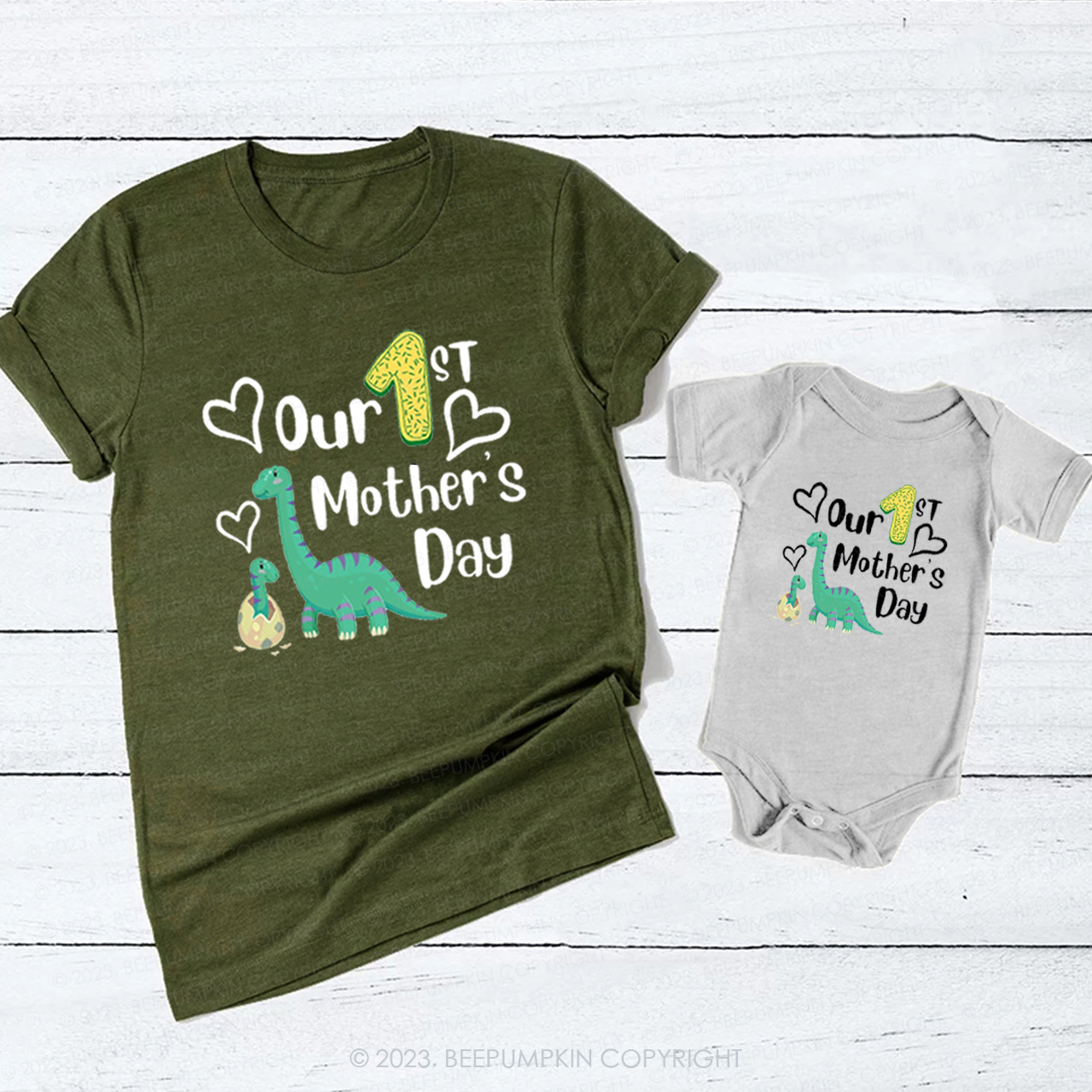 Cute Dinosaur Our First Mother's Day T-Shirts For Mom&Me