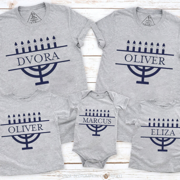 Personalized Menorah Family Hanukkah Family Matching T-Shirts