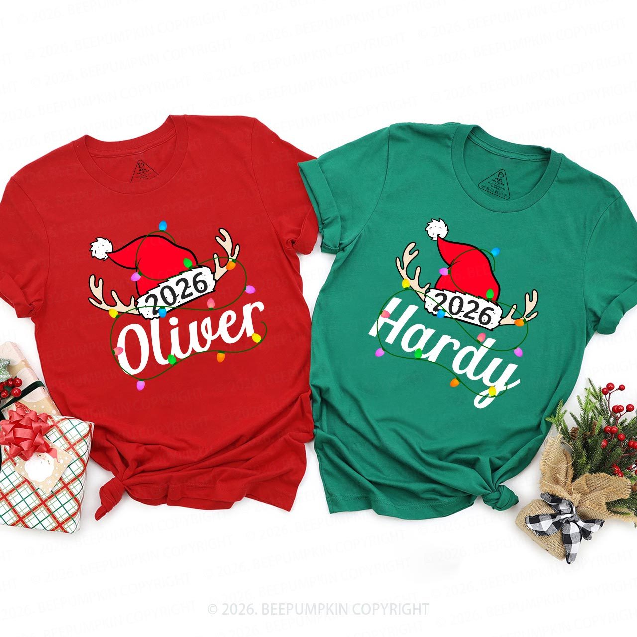 Personalized Jolly Antlers & Lights 2026 Family Matching T-Shirts Beepumpkin