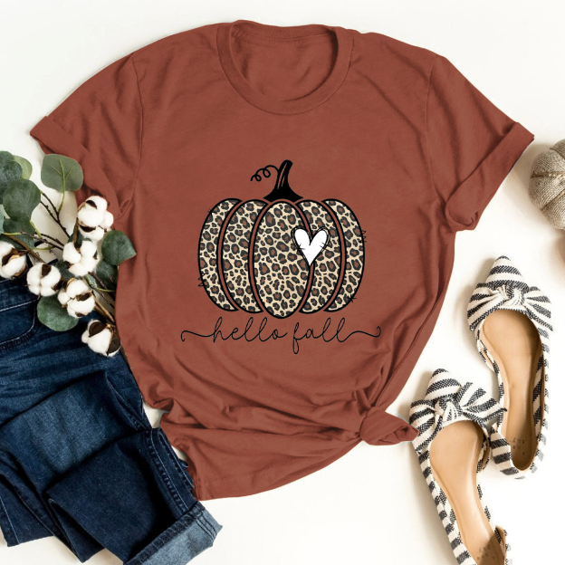  Hello Fall Leopard Print Pumpkin Shirt For Her