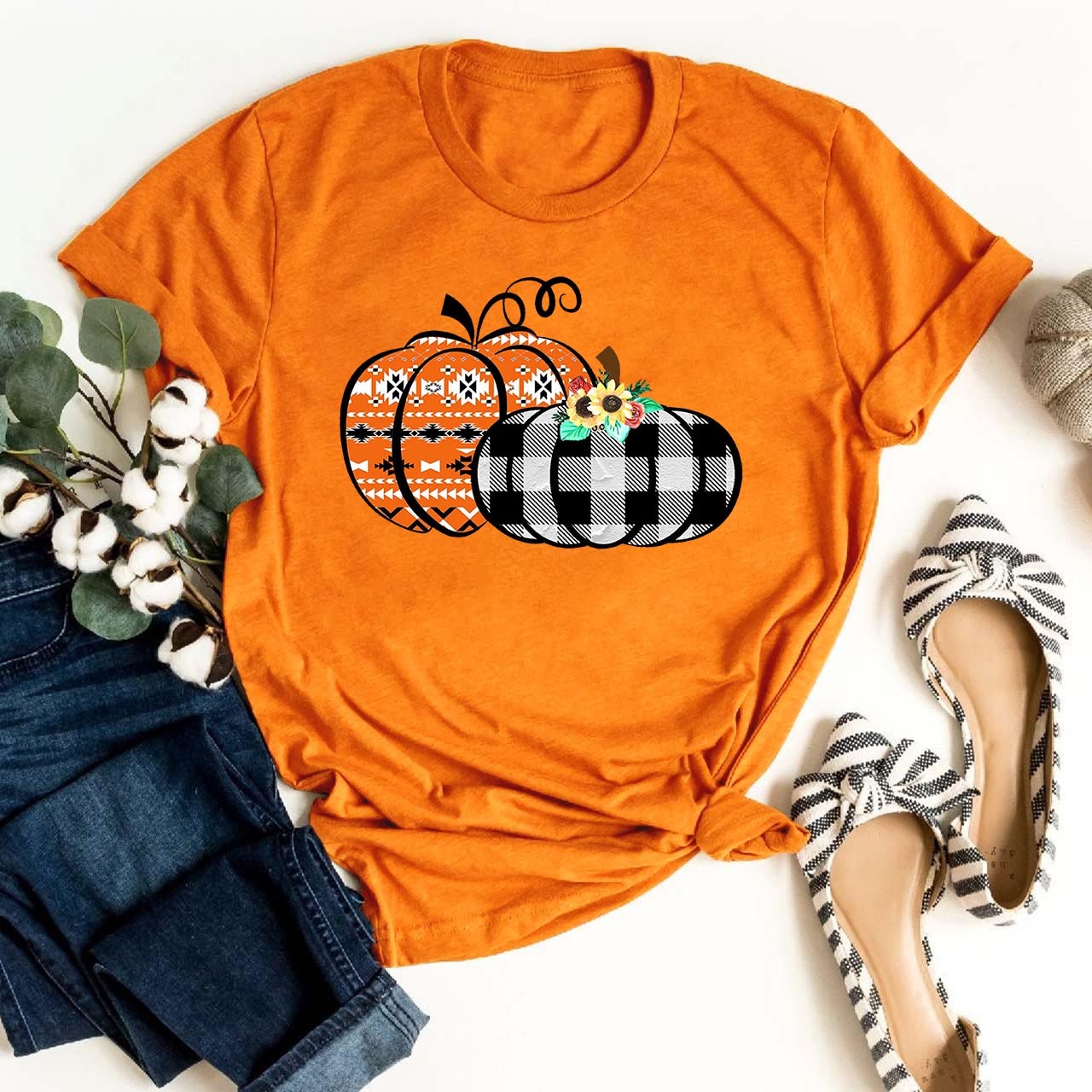 Cute Buffalo Plaid And Aztec Pumpkins Fall Tees