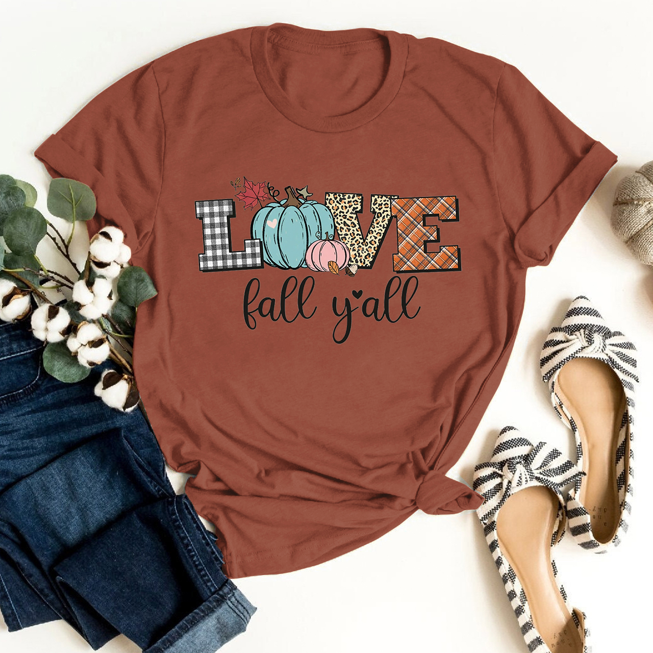 Love Fall Yall Leopard Print Fall Plaid Pumpkin Shirt 