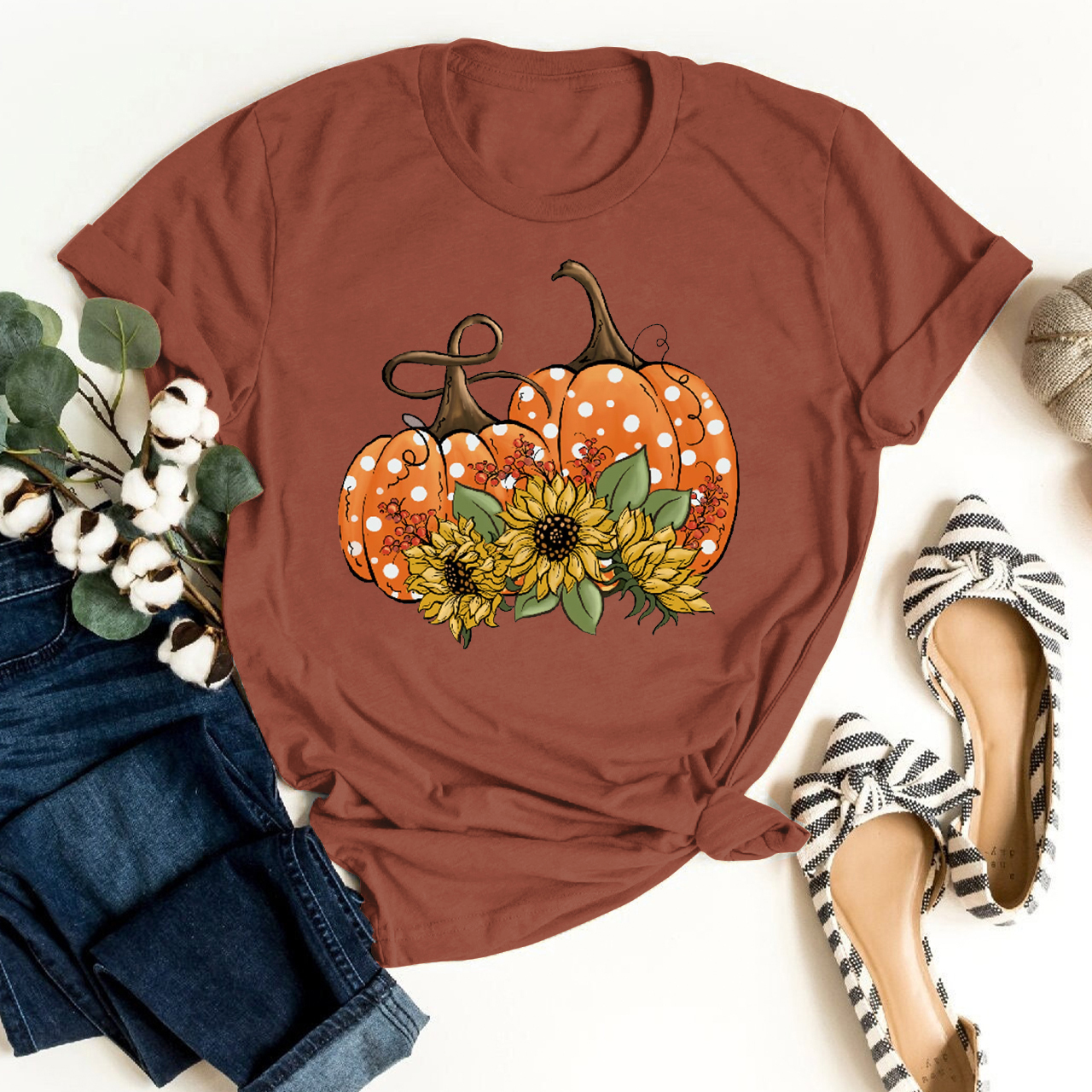 Polka Dot Pumpkins And Sunflowers Shirt For Her