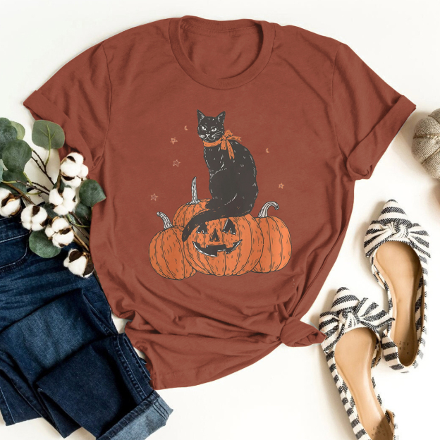 Black Cat on Pumpkin Shirt For Her