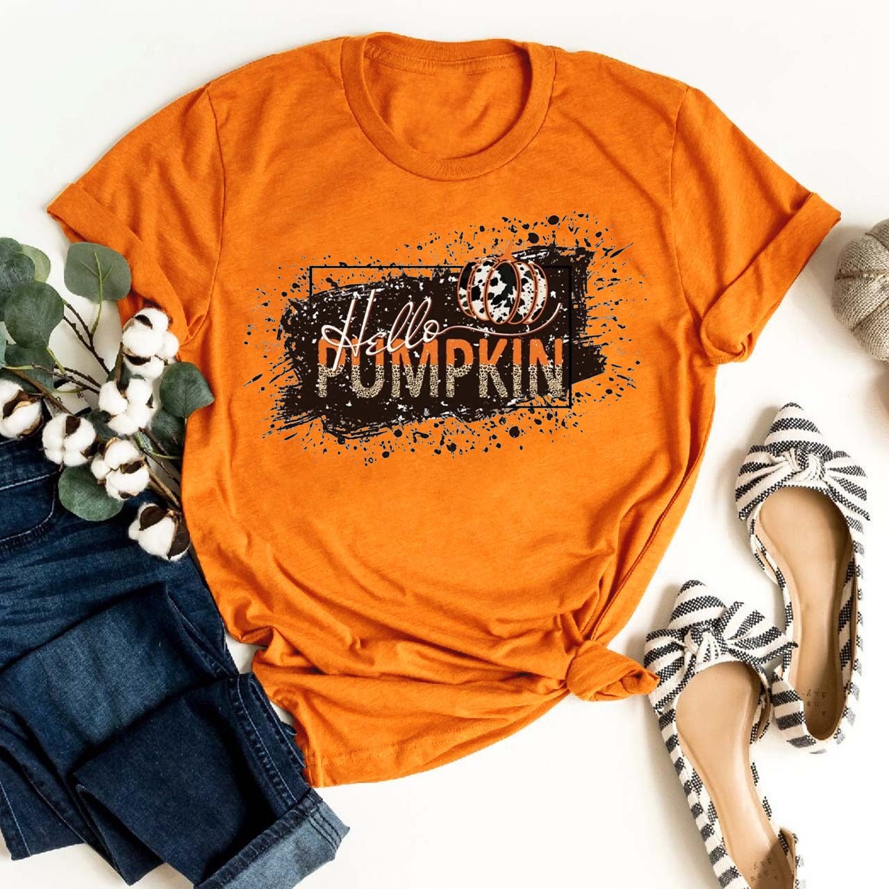  Hello Splatter Paint  Pumpkin Shirt For Her