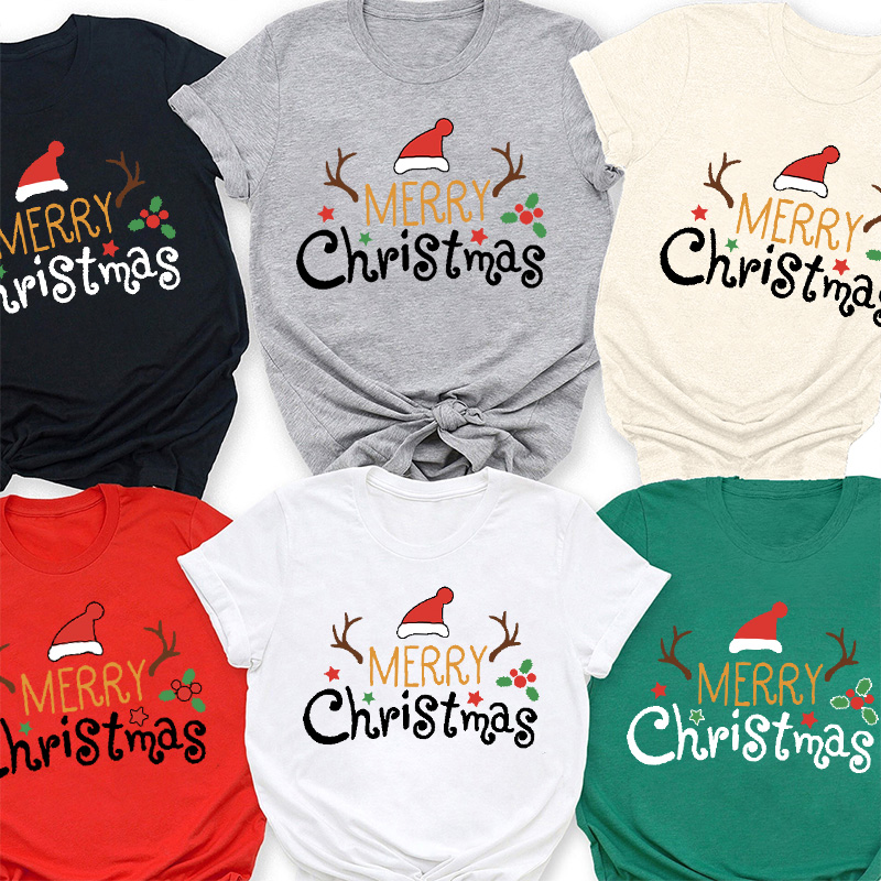 Merry Christmas Santa Hat Reindeer Holiday Shirts