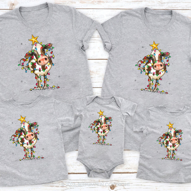 Cute Cow Funny Lights Christmas Family Shirts