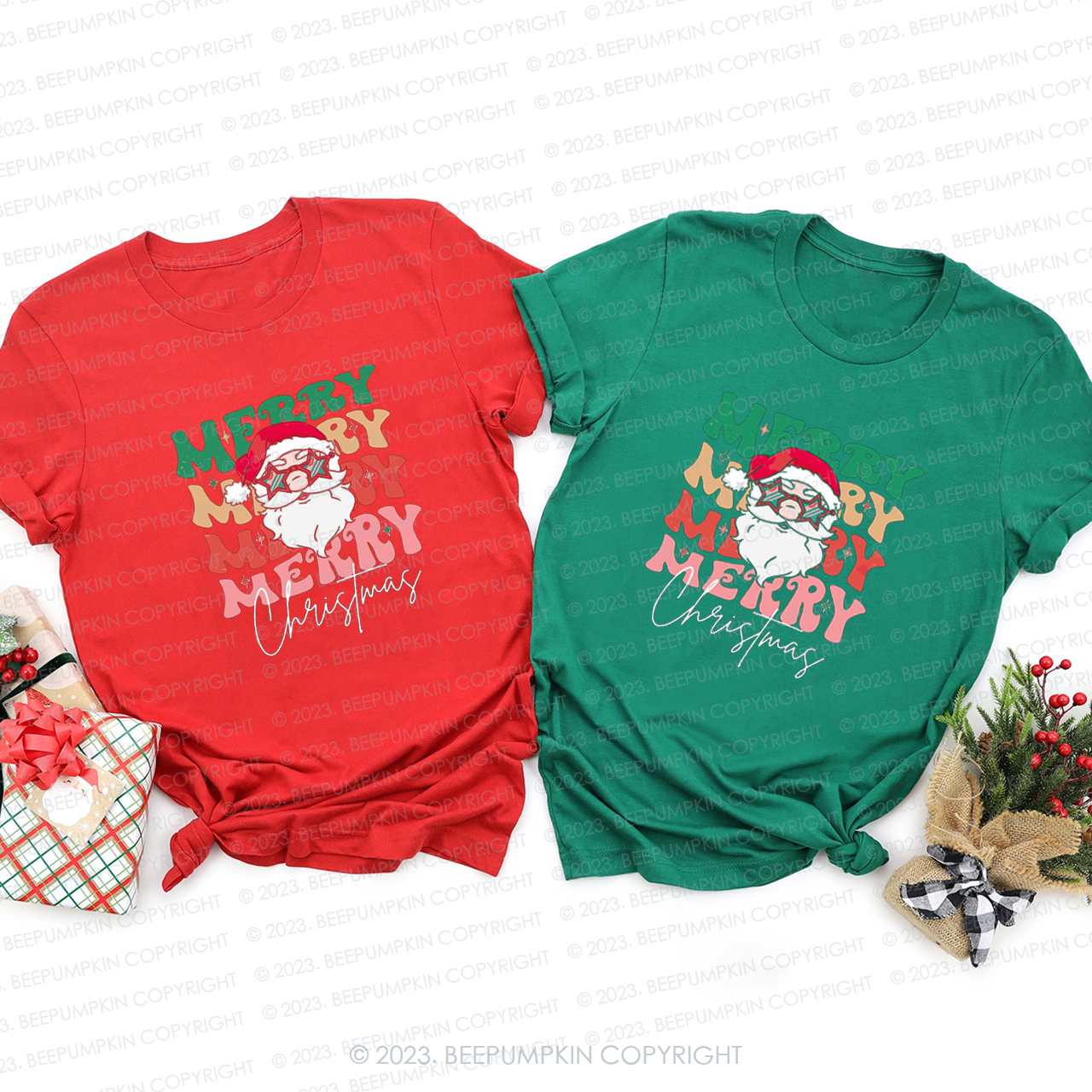 Santa Merry Merry Merry Christmas Family Matching Tees Beepumpkin