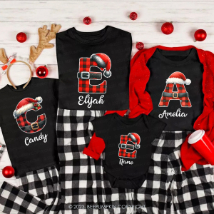 Image of Personalized Reindeer Santa Claus Christmas Plaid Letters T-Shirts Beepumpkin