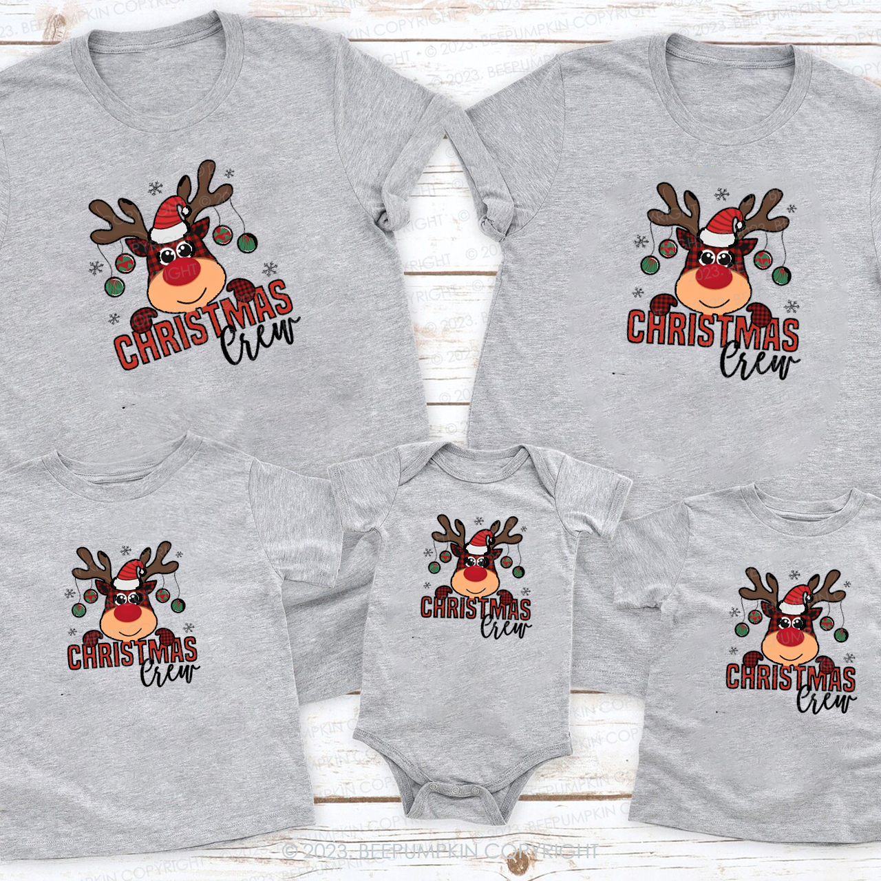 Cute Plaid Elk Christmas Crew Family Matching T-Shirts Beepumpkin