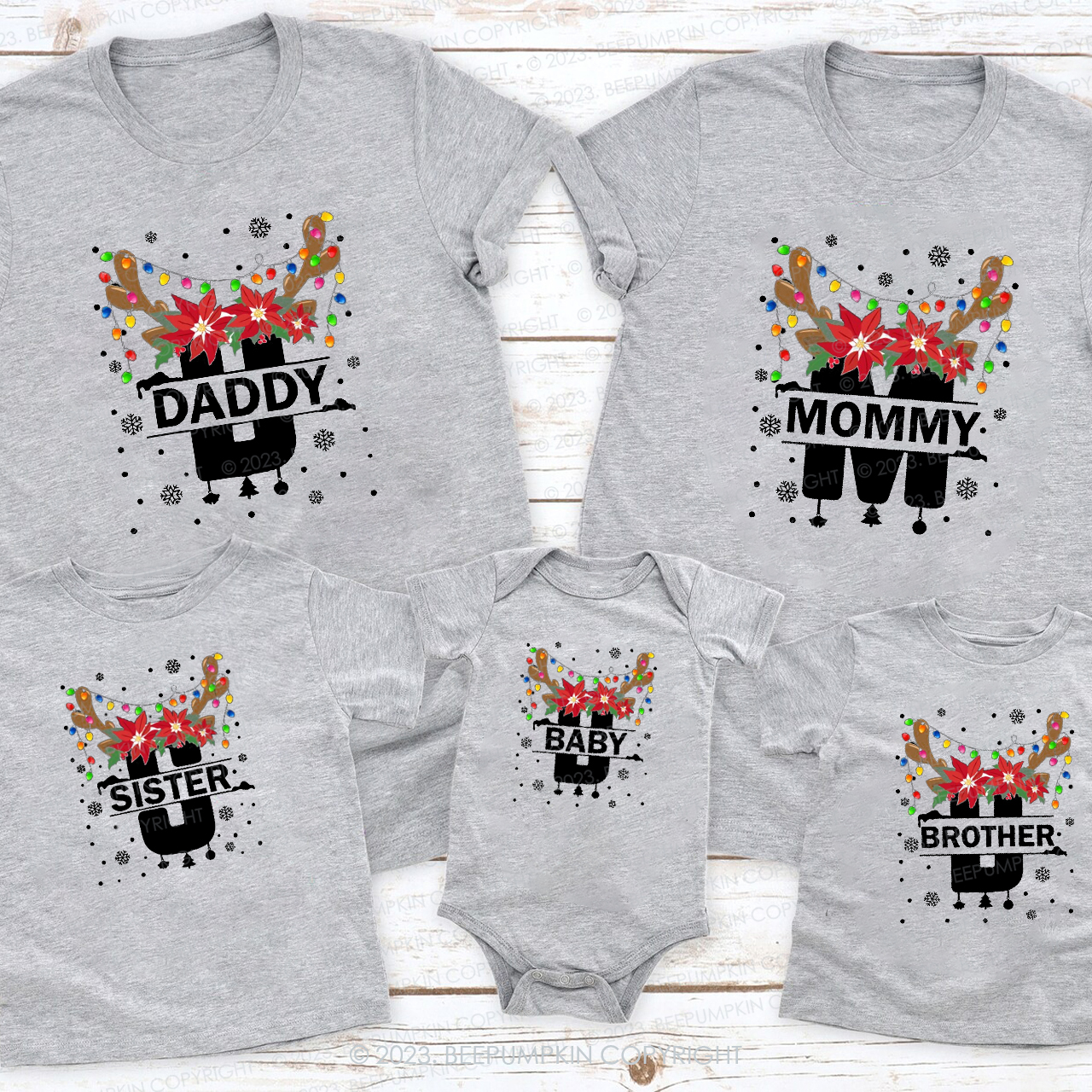Monogrammed Full of Christmas lights Antler Matching Family T-shirts Beepumpkin