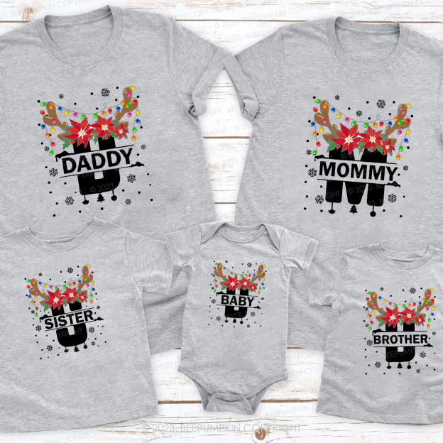 Monogrammed Full of Christmas lights Antler Matching Family T-shirts Beepumpkin