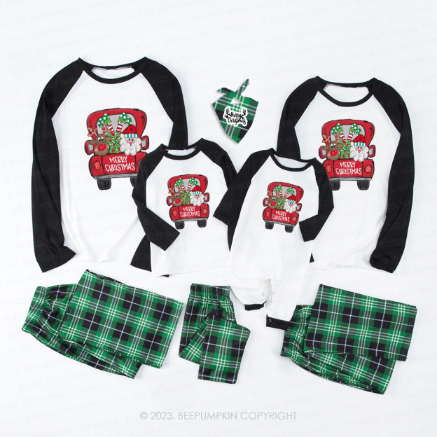 Santa Claus and Elk in Christmas Truck Matching Pajamas