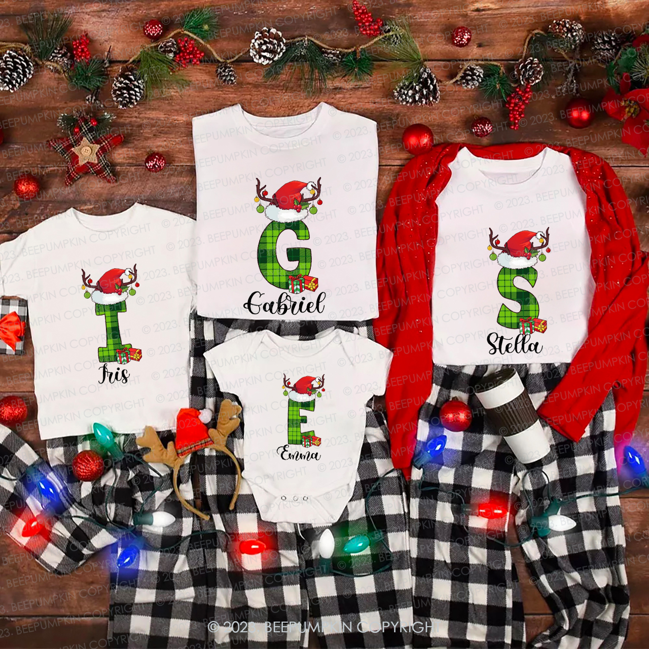 Mysterious Green Monogrammed Family Christmas Matching Shirts