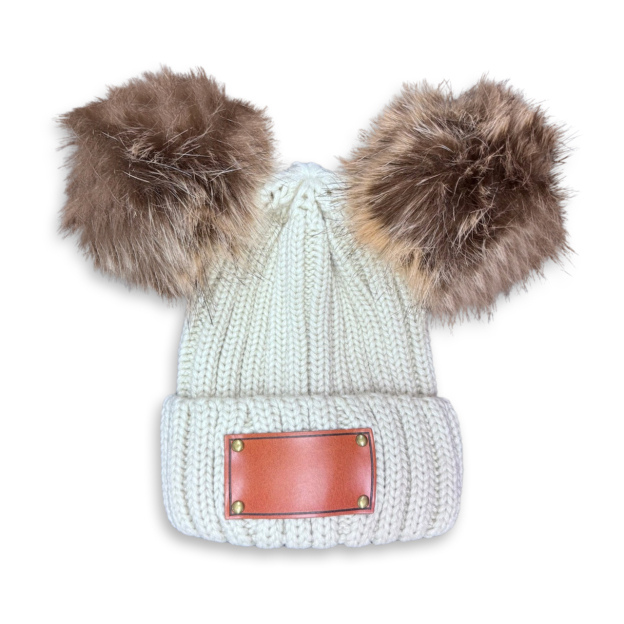 7 Colors Vegan Leather Patch Double PomPom Hat 