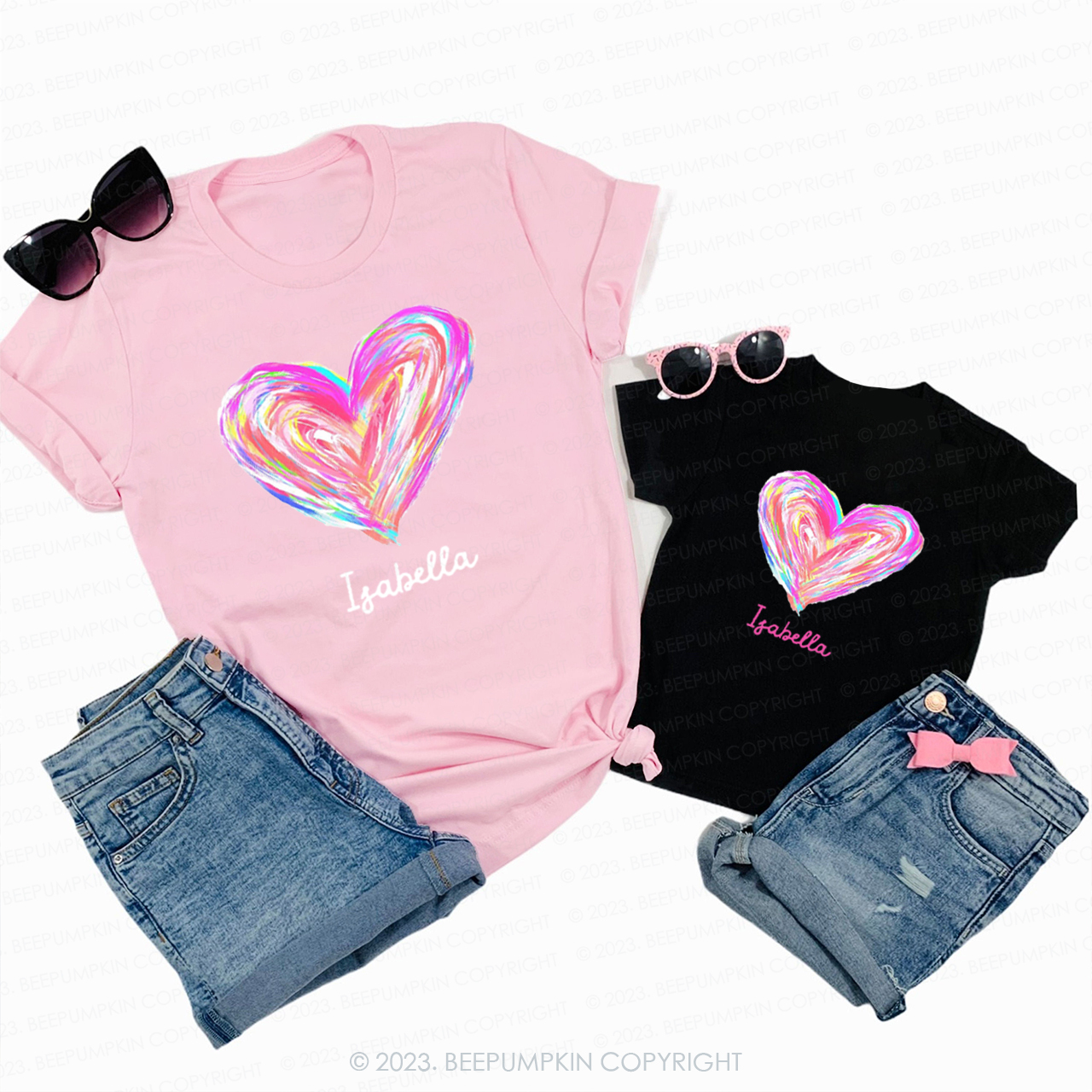 Watercolor Heart with Name Valentine's Day Family Matching Shirts