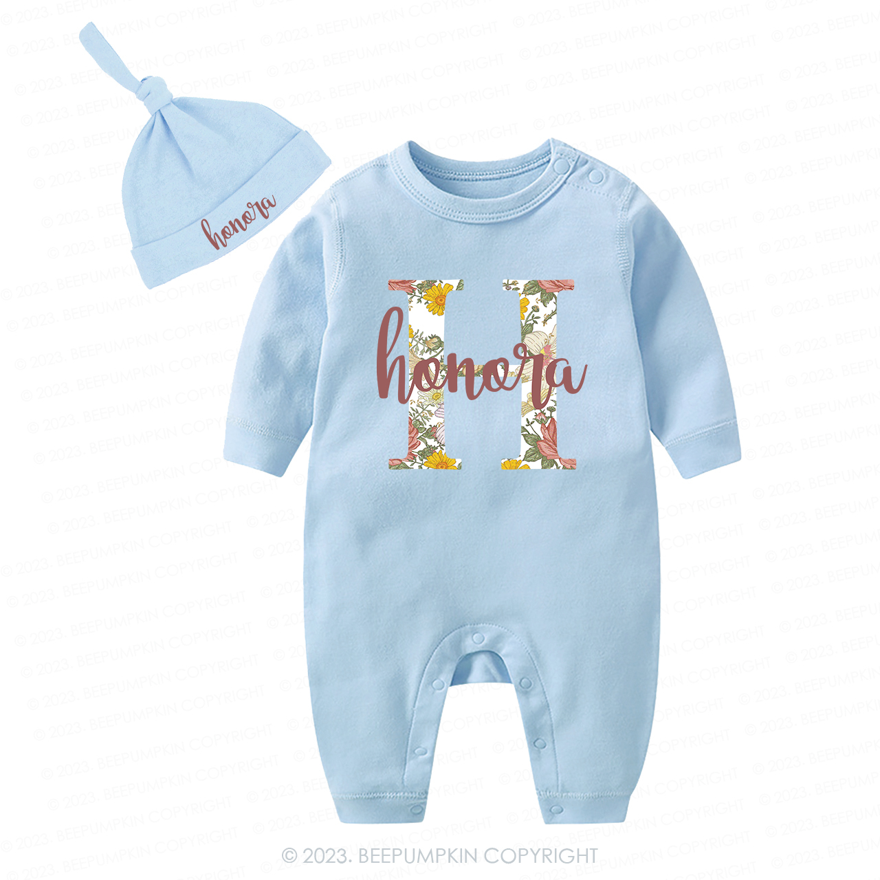 Personalized Baby Girl Vintage Floral Romper And Hat Set Sale-Beepumpkin™